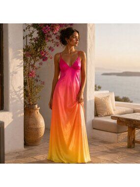 Resort Ombre Maxi Dress Size L Gradient Satin Slip Spaghetti Adjustable Straps